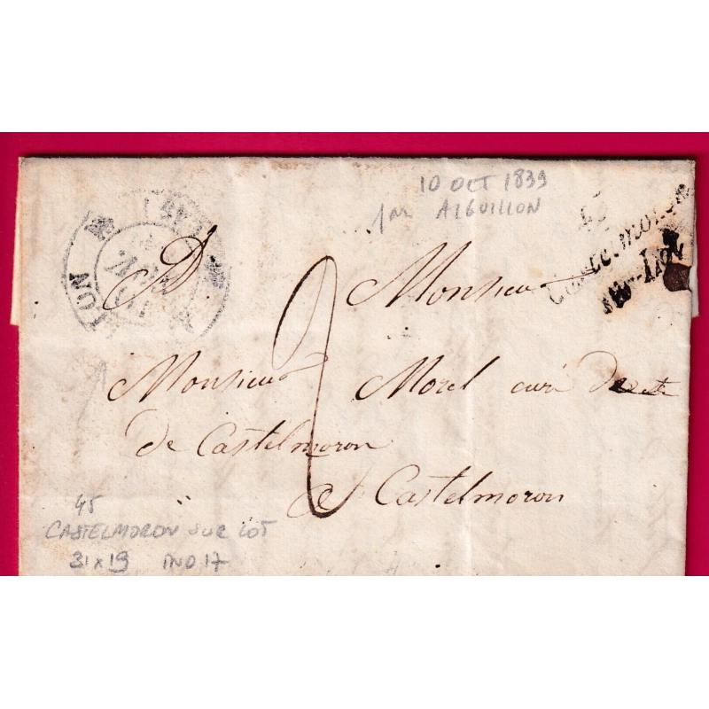 CURSIVE 45 CASTELMORON SUR LOT 31X19 INDICE 17 EN ARRIVEE AU RECTO DEPART STE RADEGONDE LOT ET GARONNE LETTRE 1839