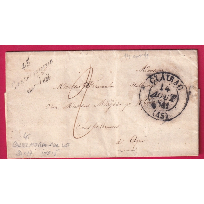 CURSIVE 45 CASTELMORON SUR LOT ET GARONNE 1841 POUR AGEN INDICE 15 LETTRE COVER FRANCE