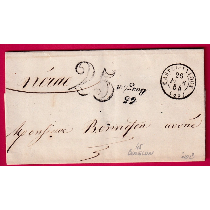 CURSIVE 45 BOUGLON LOT ET GARONNE CAD TYPE 15 CASTELJALOUX POUR NERAC INDICE 13 LETTRE COVER FRANCE