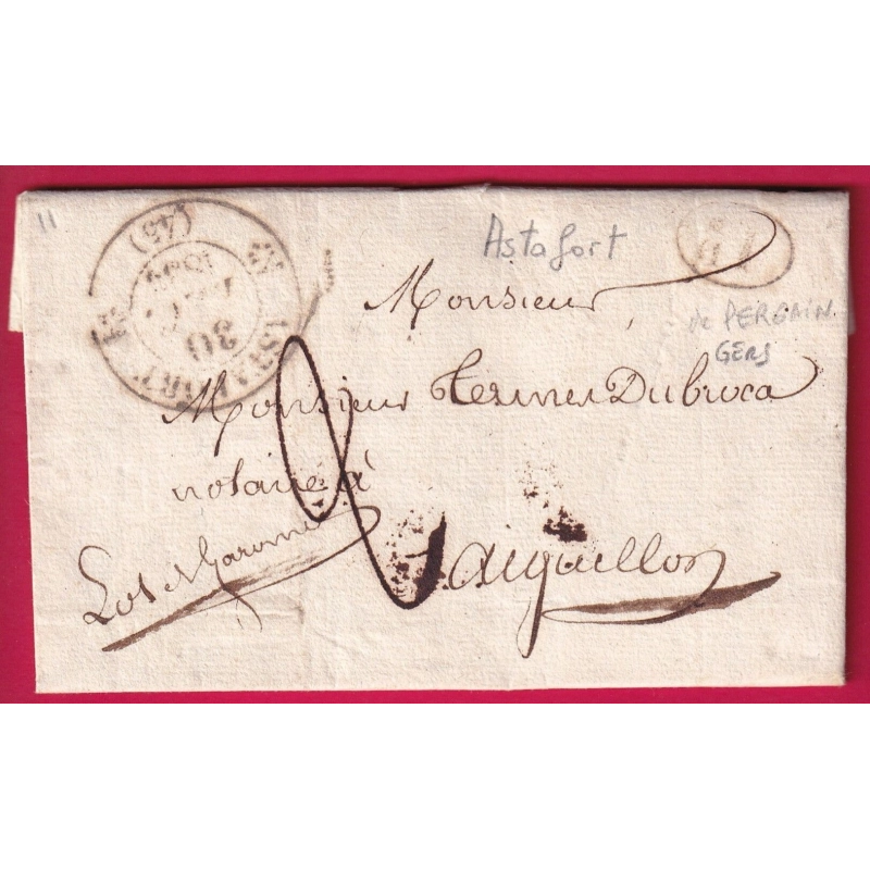 CAD TYPE 12 ASTAFFORT LOT ET GARONNE DECIME RURAL DE PERGAIN DANS LE GERS 1833 POUR AIGUILLON LETTRE COVER FRANCE