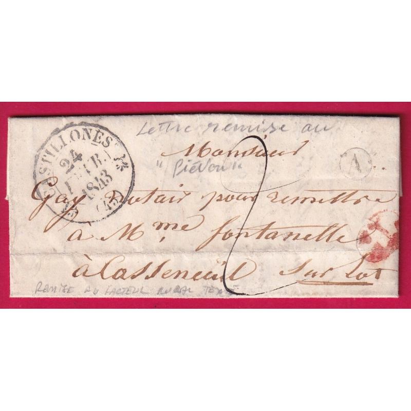 BELLE LETTRE LOCALE AVEC MENTION REMISE AU FACTEUR RURAL CASTILLONES LOT ET GARONNE 1843 BOITE RURALE A LETTRE COVER