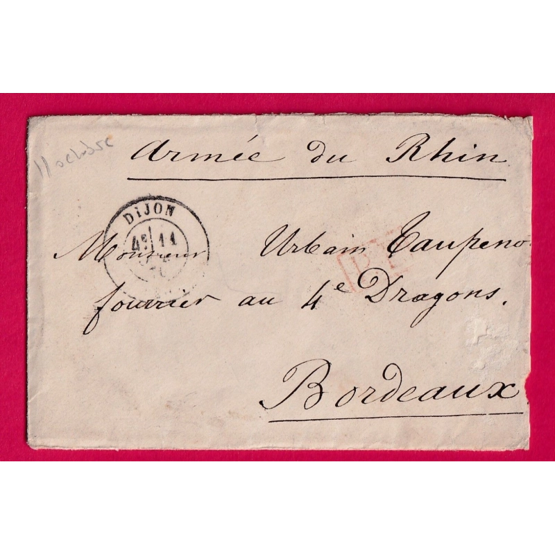 GUERRE 1870 DIJON COTE D'OR 11 OCT 1870 ARMEE DU RHIN POUR BORDEAUX LETTRE COVER
