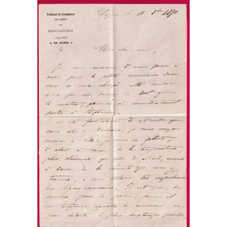 GUERRE 1870 DIJON COTE D'OR 11 OCT 1870 ARMEE DU RHIN POUR BORDEAUX LETTRE COVER