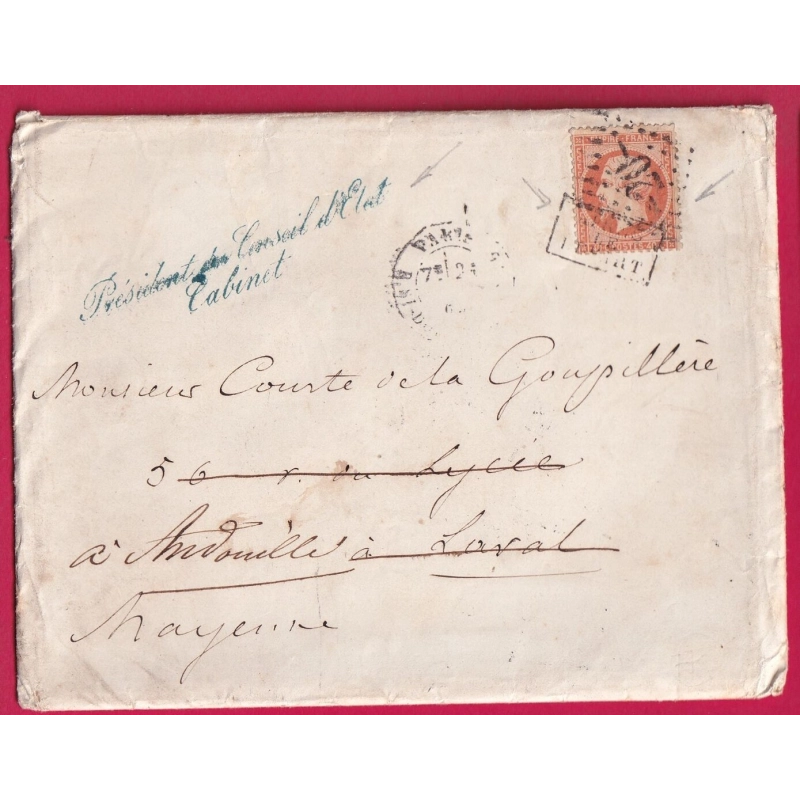N°23 LOSANGE -20- + APRES LE DEPART SUR LE TIMBRE PARIS  ST DOMque st gn GRIFFE PRESIDENT DU CONSEIL ETAT LETTRE