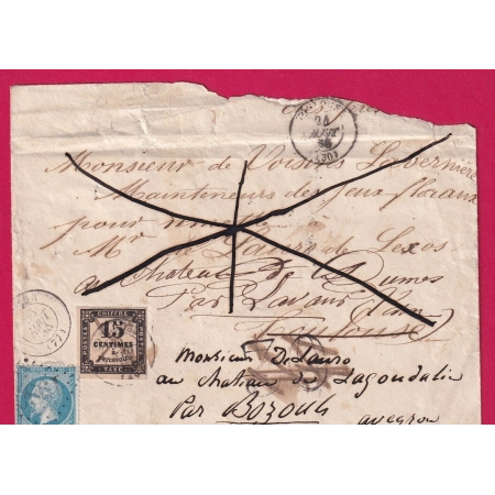 N°22 GC 189 LAVAUR TARN TAXE N°3 POUR TOULOUSE REEXPEDIEE A LAVAUR PUIS BOZOULS AVEYRON TAXE MODIFIEE LETTRE COVER