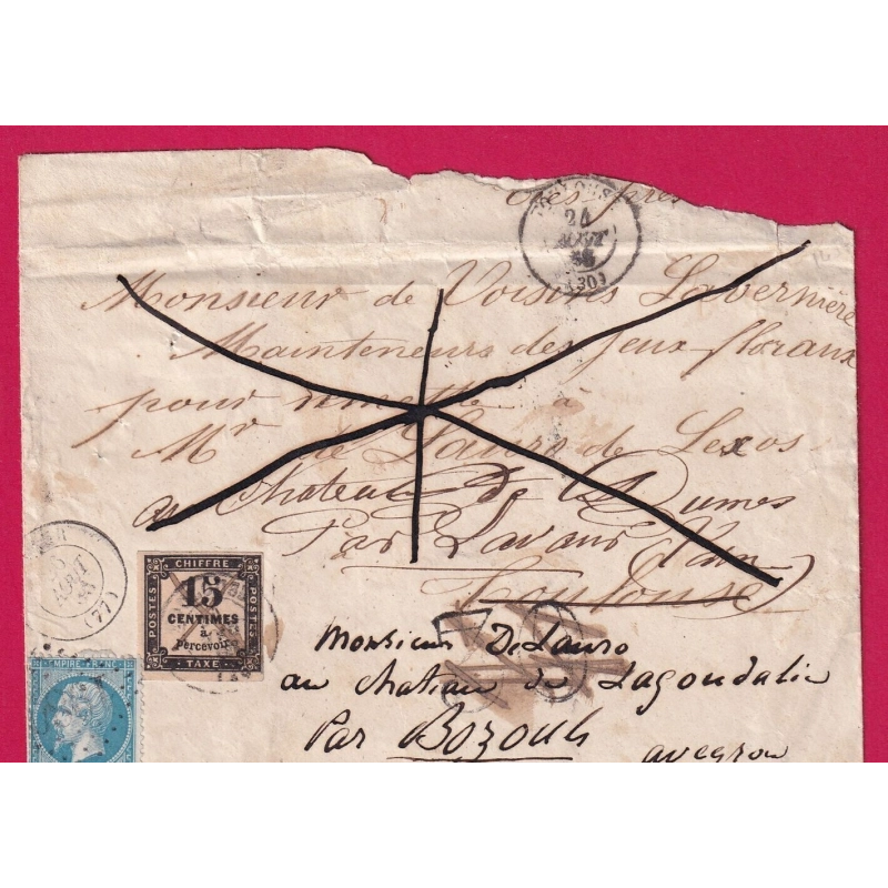 N°22 GC 189 LAVAUR TARN TAXE N°3 POUR TOULOUSE REEXPEDIEE A LAVAUR PUIS BOZOULS AVEYRON TAXE MODIFIEE LETTRE COVER