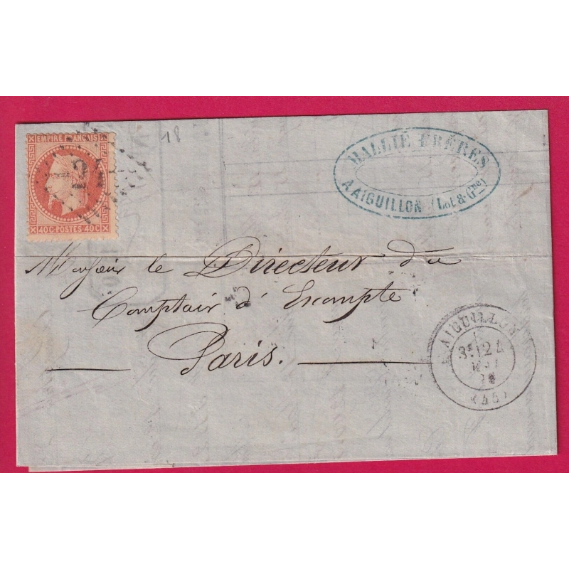 N°31 GC 24 AIGUILLON LOT ET GARONNE POUR PARIS LETTRE COVER