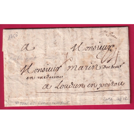 MARQUE MANUSCRIT ST JEAN DU GARD 1758 POUR LOUDUN VIENNE BELLE TAXE 24 LENAIN N°1 INDICE 12 LETTRE COVER