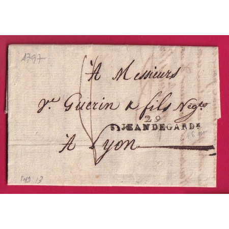 MARQUE 29 ST JEAN DE GARDe DU GARD 1797 POUR LYON RHONE INDICE 13 LETTRE COVER