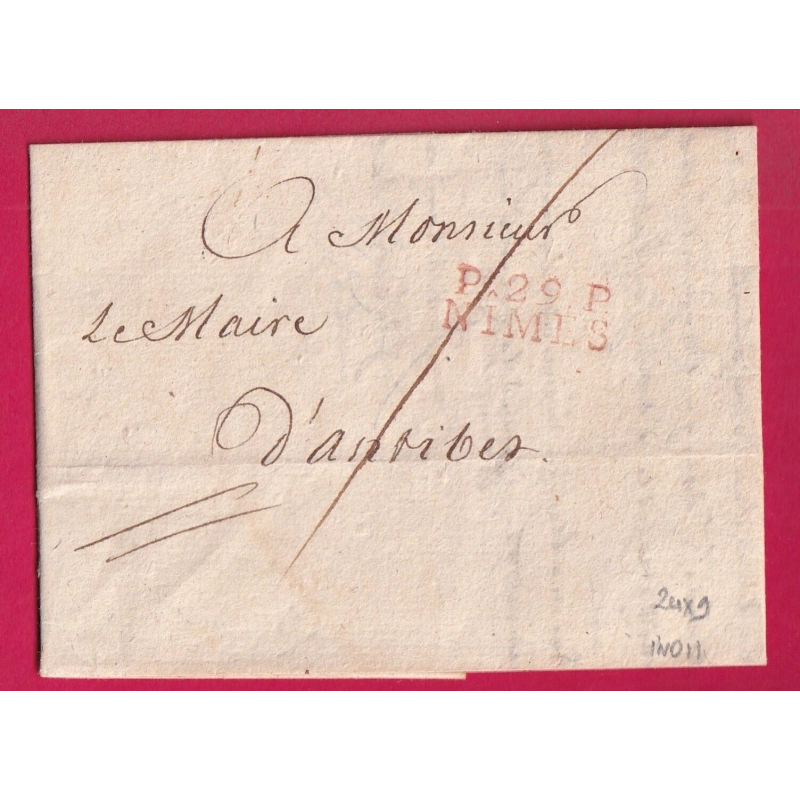 MARQUE P29P NIMES GARD EN ROUGE 24X9 INDICE 11 POUR ANTIBES VAR 1811 ALPES MARITIMES LETTRE COVER