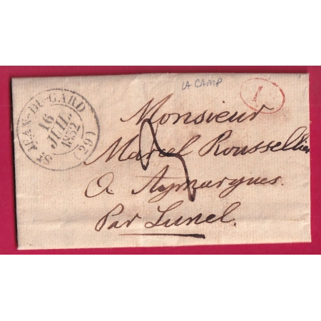 CAD TYPE 13 T JEAN DU GARD DECIME RURAL LACAMP POUR LUNEL HERAULT 1832 LETTRE COVER