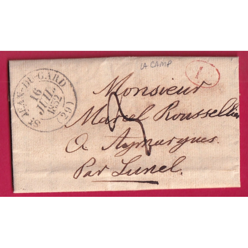 CAD TYPE 13 T JEAN DU GARD DECIME RURAL LACAMP POUR LUNEL HERAULT 1832 LETTRE COVER