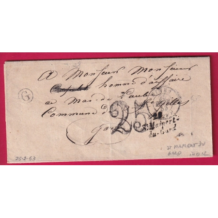 CURSIVE 29 SAINT MAMERT DU GARD 1853 TAXE 25 INDICE 12 POUR ST GILLES LETTRE COVER