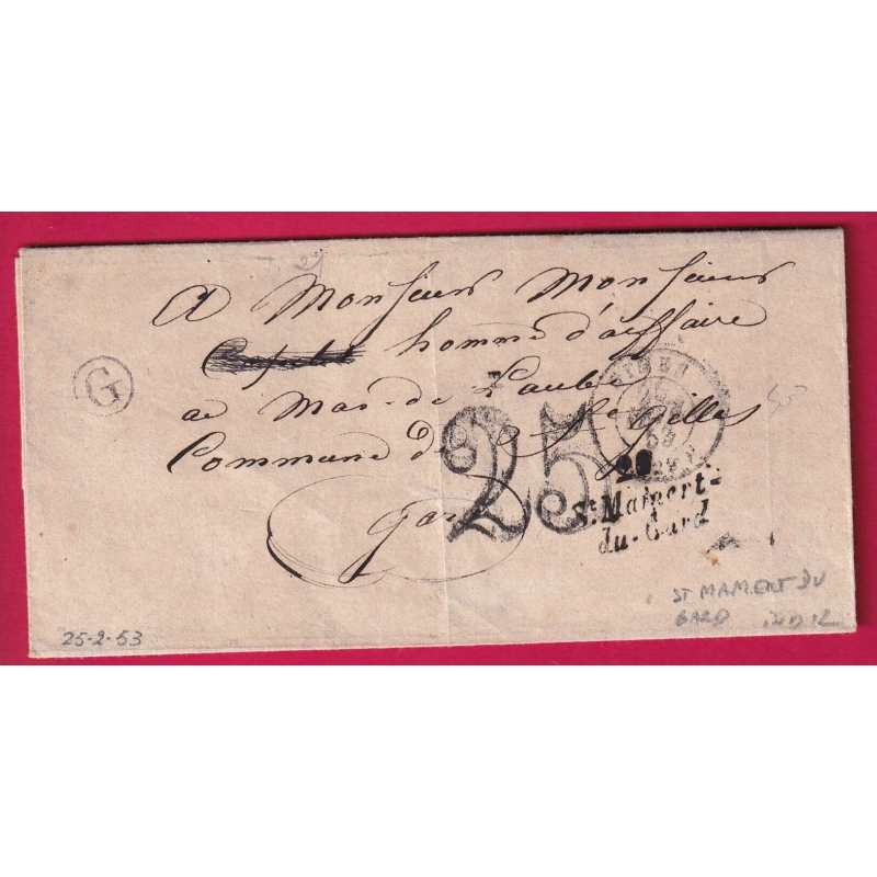 CURSIVE 29 SAINT MAMERT DU GARD 1853 TAXE 25 INDICE 12 POUR ST GILLES LETTRE COVER