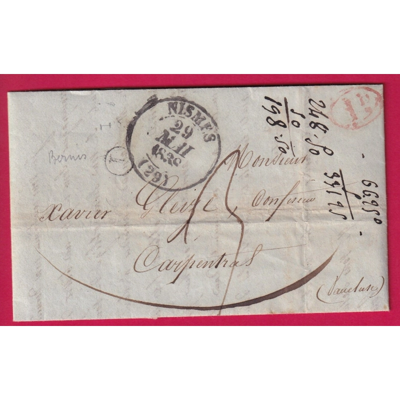 CAD TYPE 13 NIMES GARD DECIME RURAL + BOITE RURALE I BERNIS POUR CARPENTRAS 1838 VAUCLUSE LETTRE COVER