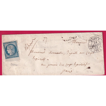 N°4 TB BORD DE FEUILLE PC 2272 NIMES GARD POUR PARIS ADRESSE INCOMPLETE AU DOS 1852 LETTRE COVER