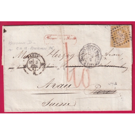 N°13 PARIS BUREAU D P1520 TROUVE A LA BOITE REEXP AARAU SUISSE DEPUIS LE BUREAU K  TAXE SUISSE 40 ROUGE LETTRE COVER