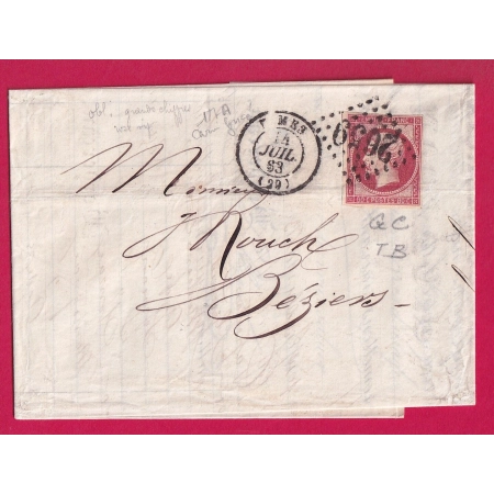 N°17B GC 2659 NIMES GARD 1863 POUR BEZIERS HERAULT LETTRE COVER