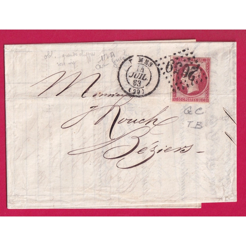 N°17B GC 2659 NIMES GARD 1863 POUR BEZIERS HERAULT LETTRE COVER