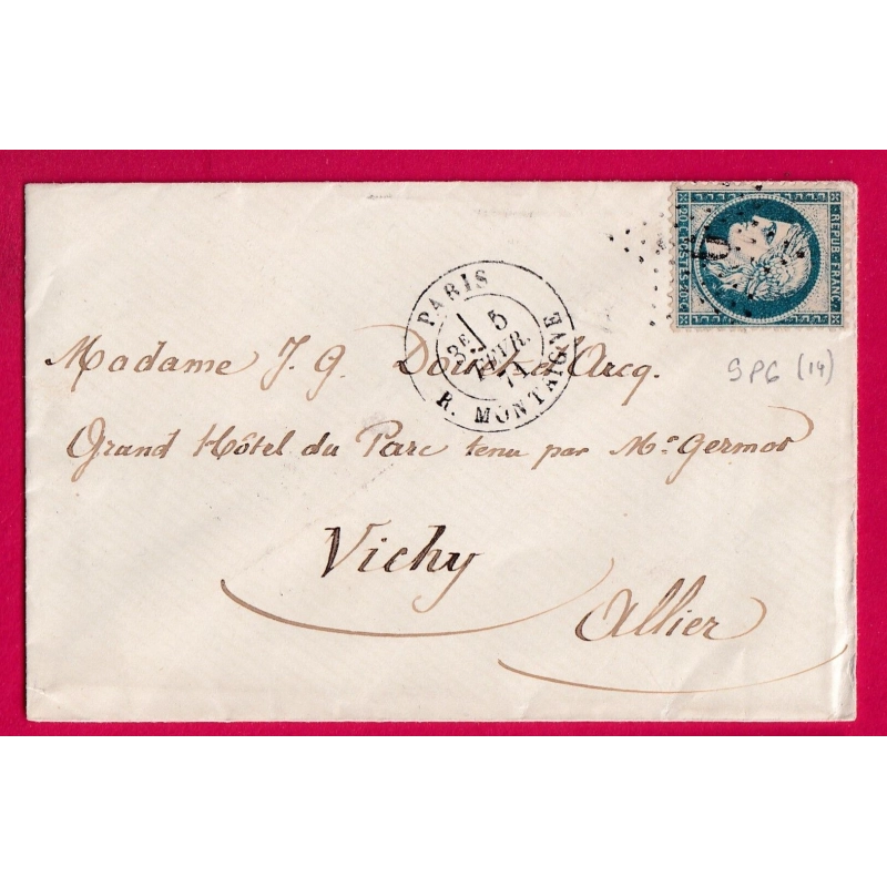 REPRISE DU COURRIER APRES LE SIEGE 5 FEV 1871 N°37 ETOILE 9 P6 R MONTAIGNE POUR VICHY ALLIER ARRIVE 11 FEV LETTRE COVER