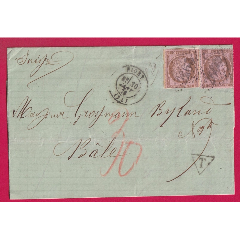N°54 X2 GC 2660 NIORT DEUX SEVRES TAXE 30 ROUGE POUR BALE SUISSE UN TIMBRE FRAUDE POSTALE LETTRE COVER