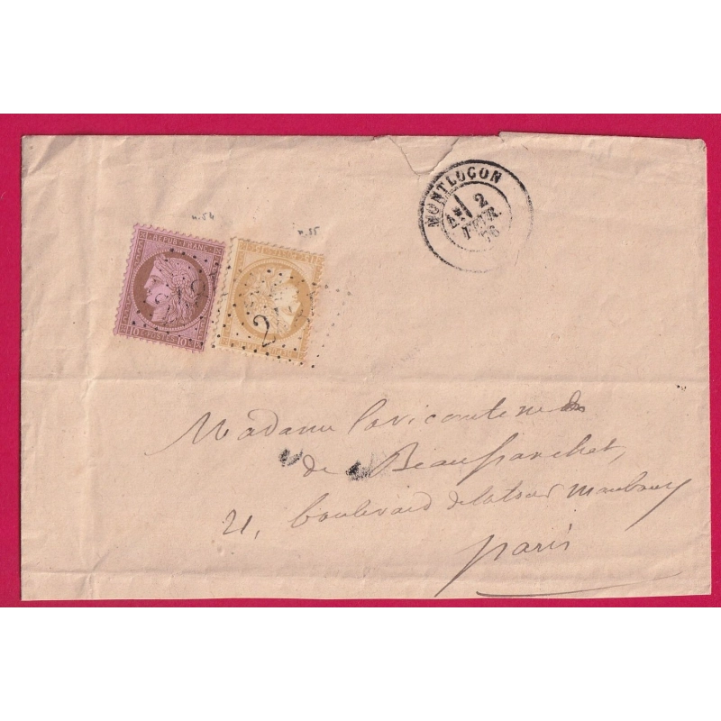 N°54 55 GC 2484 MONTLUCON ALLIER POUR PARIS 2 FEVRIER 1876 LETTRE COVER