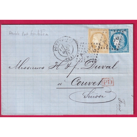 DOUBLE PORT FRONTALIER N°55 60 GC 2964 PONTARLIER DOUBS POUR COUVET SUISSE 1874 LETTRE COVER
