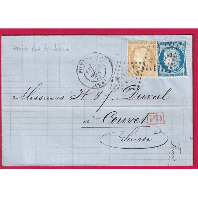 DOUBLE PORT FRONTALIER N°55 60 GC 2964 PONTARLIER DOUBS POUR COUVET SUISSE 1874 LETTRE COVER