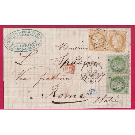 N°53 X2 N°59 PAIRE PARIS BUREAU CENTRAL 22 DEC 1873 POUR ROME ITALIE ITALIA LETTRE COVER
