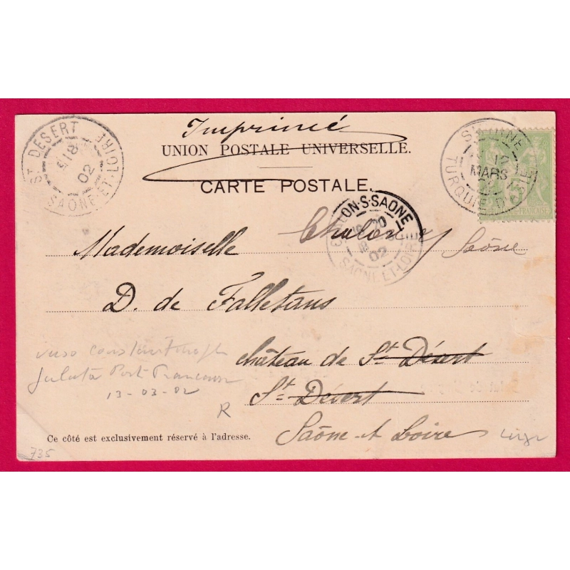 N°102 PAIRE CAD SMYRNE TURQUIE D'ASIE BFE AU VERSO CONSTANTINOPLE GALATA POSTE FRANCAISE ST DESERT SAONE ET LOIRE CARTE