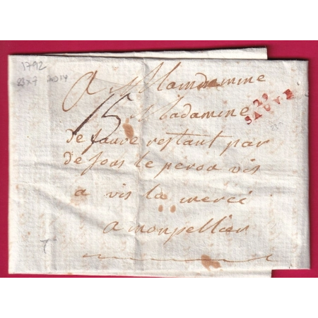 MARQUE 29 SAUVE EN ROUGE 1792 23X7 INDICE 14 POUR MONTPELLIER HERAULT TAXE 15 LETTRE COVER