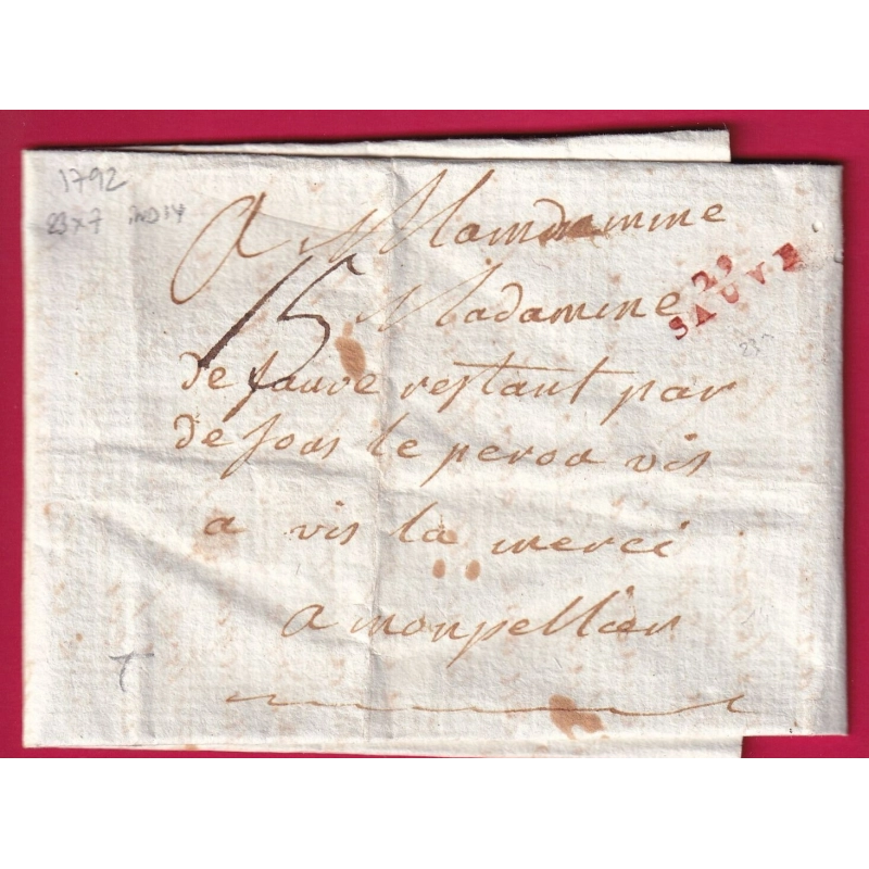 MARQUE 29 SAUVE EN ROUGE 1792 23X7 INDICE 14 POUR MONTPELLIER HERAULT TAXE 15 LETTRE COVER