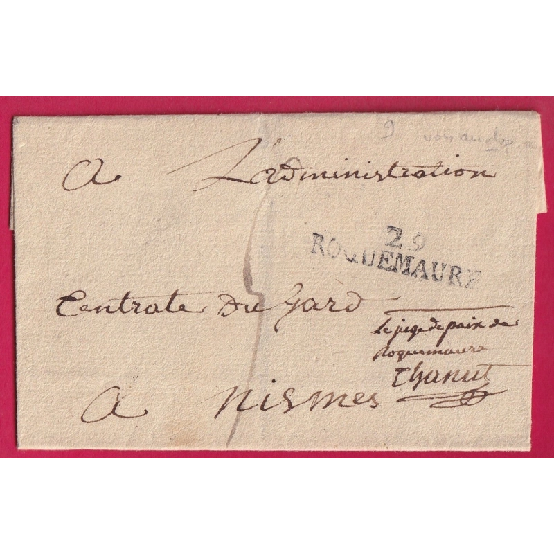 MARQUE 29 ROQUEMAURE GARD CONTRESEING LE JUGE DE PAIX DE ROQUEMAURE CACHET ARRIVE SPECIAL NIMES LETTRE COVER