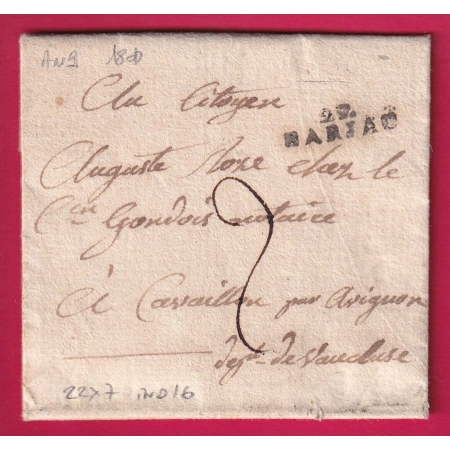 MARQUE 29. BARJAC GARD 22X7 INDICE 16 POUR CAVAILLON VAUCLUSE 1800 LETTRE COVER