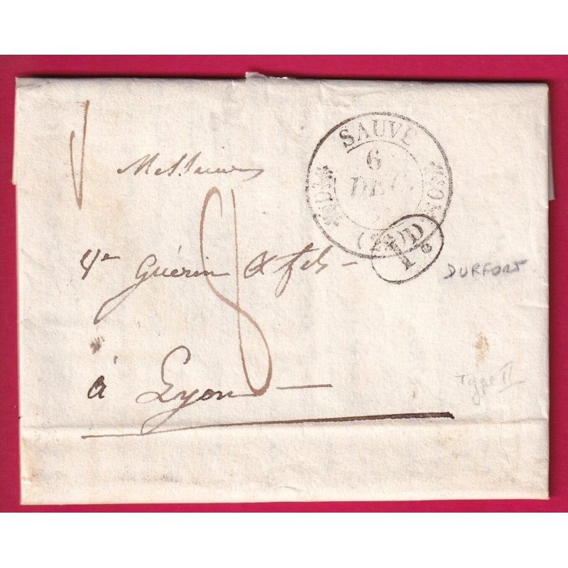 CAD TYPE 11 SAUVE GARD DECIME RURAL DE DURFORT POUR LYON 1833 LETTRE COVER