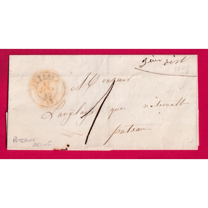 CAD TYPE 15 PUTEAUX SEINE DU 12 JANVIER 1849 POUR PUTEAUX TAXE LOCALE 1 LETTRE COVER