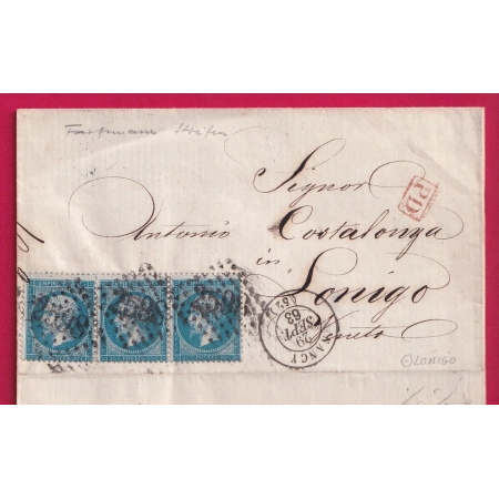 N°22 BANDE DE 3 GC 2598 NANCY MEURTHE ET MOSELLE POUR LONIGO ITALIE 1863 LETTRE COVER