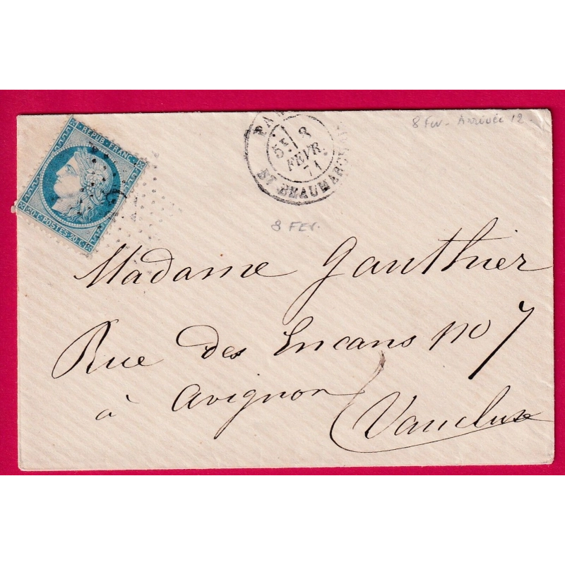 GUERRE 1870 REPRISE DU COURRIER N°37 ETOILE 12 PARIS 8 FEVRIER 1871 LETTRE NON CACHETEE POUR AVIGNON VAUCLUSE COVER
