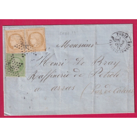 N°36 PAIRE + N°20 PARIS ETOILE 28 R CARDINAL LEMOINE 2 OCT 1871 POUR ARRAS PAS DE CALAIS LETTRE COVER