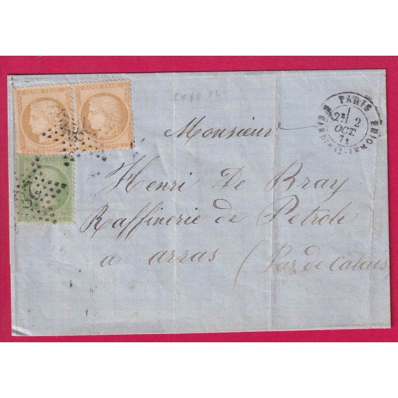 N°36 PAIRE + N°20 PARIS ETOILE 28 R CARDINAL LEMOINE 2 OCT 1871 POUR ARRAS PAS DE CALAIS LETTRE COVER