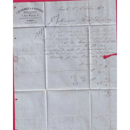 N°36 PAIRE + N°20 PARIS ETOILE 28 R CARDINAL LEMOINE 2 OCT 1871 POUR ARRAS PAS DE CALAIS LETTRE COVER