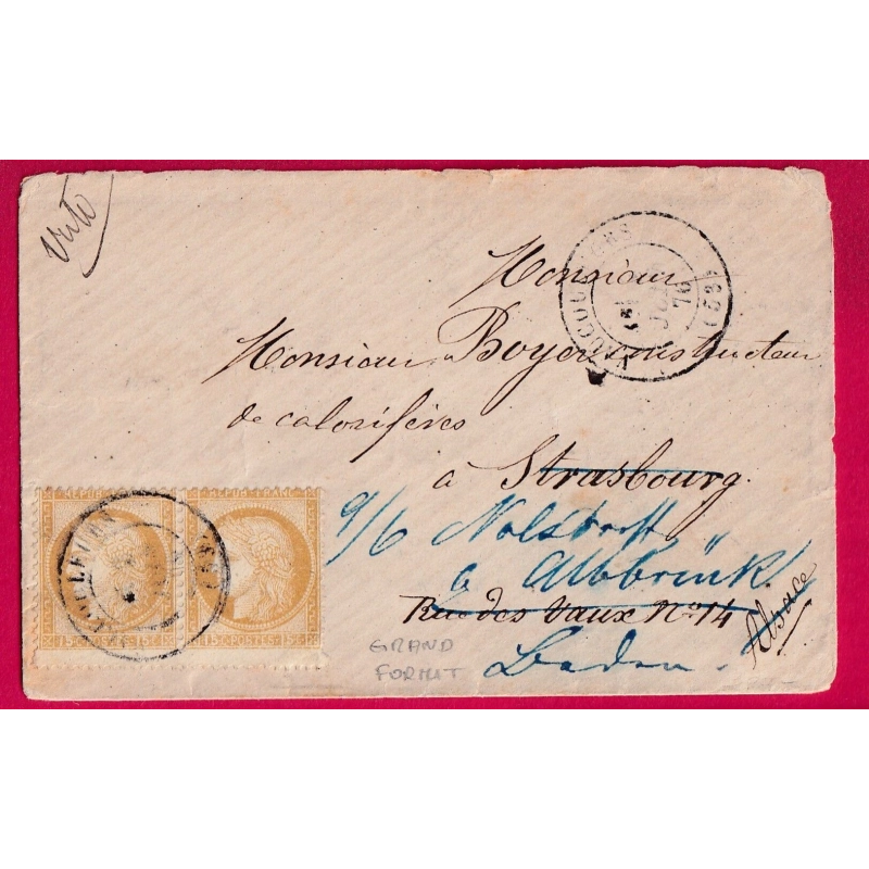 N°55 PAIRE VARIETE GRAND TIMBRE BDF CAD T17 VAUCOULEURS MEUSE STRASBOURG REEXP. ALBBRUCK ALLEMAGNE  LETTRE COVER
