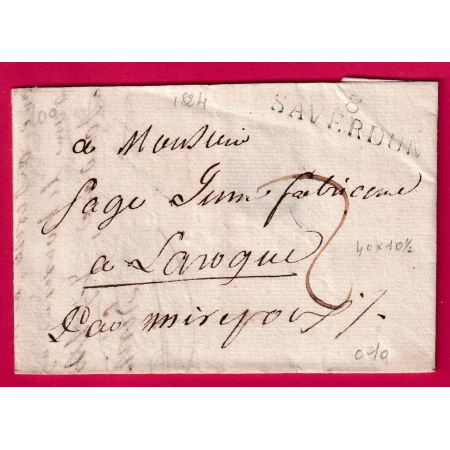 MARQUE 8 SAVERDUN ARIEGE 1824 POUR LAROQUE PRES MIREPOIX INDICE 10 LETTRE COVER