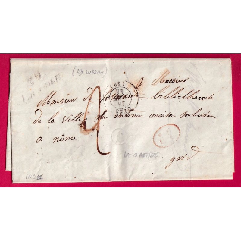 CURSIVE 29 LUSSAN GARD BOITE RURALE J LA BASTIDE D'ENGRAS DECIME RURAL POUR NIMES 1844 LETTRE COVER