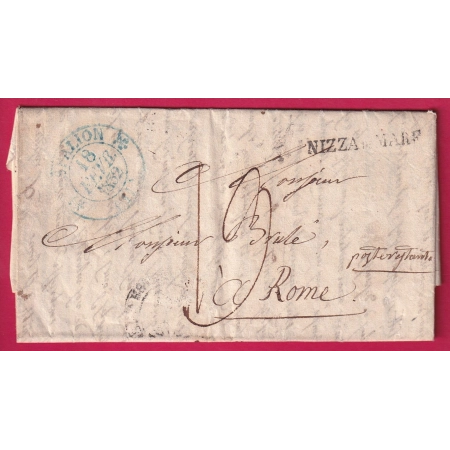 CAD TYPE 12 ESPALLION AVEYRON EN BLEU POUR ROME ITALIE ITALIA VIA NIZZA DI MARE 1832 RARE INDICE 15 LETTRE COVER