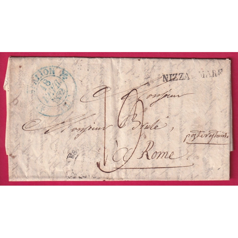 CAD TYPE 12 ESPALLION AVEYRON EN BLEU POUR ROME ITALIE ITALIA VIA NIZZA DI MARE 1832 RARE INDICE 15 LETTRE COVER
