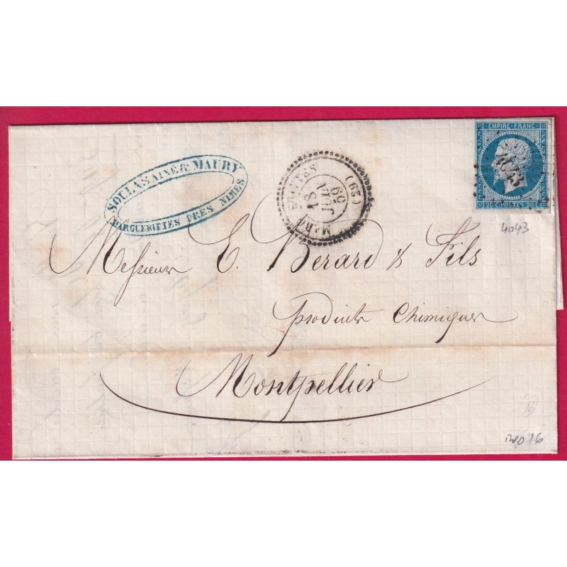 N°14 PC 4043 MARGUERITTES GARD CAD TYPE 22 INDICE 16 POUR MONTPELLIER 1859 HERAULT LETTRE COVER