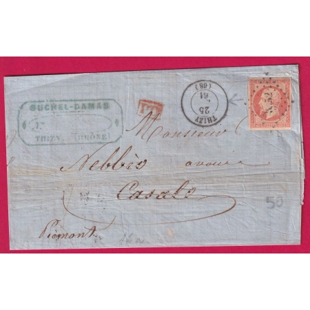 N°16 ORANGE SUR PAILLE PC 3942 THIZY RHONE POUR CASALE ITALIE ITALIA 1861 LETTRE COVER