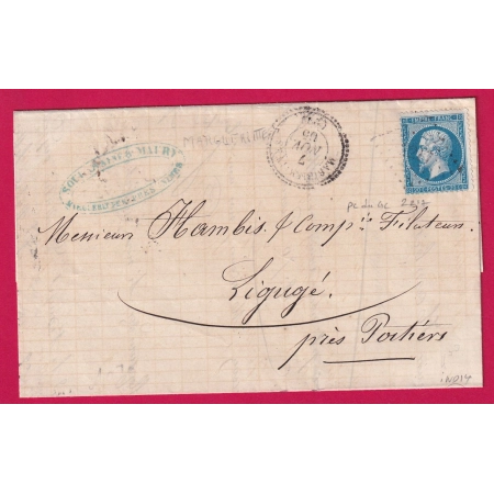 N°22 PC DU GC 2217 MARGUERITTES GARD POUR LIGUGE VIENNE INDICE 14 CAD TYPE 22 LETTRE COVER