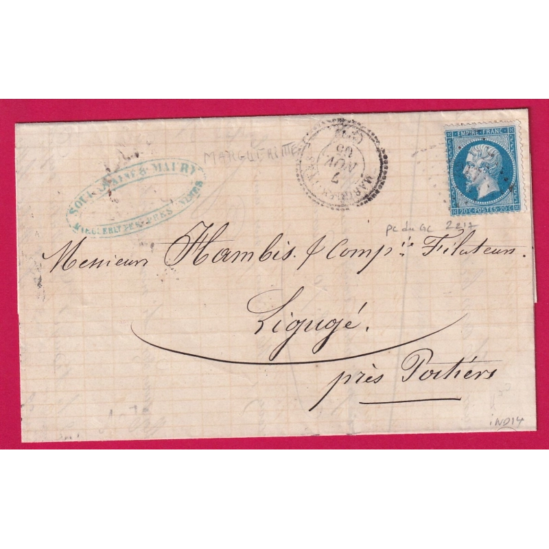 N°22 PC DU GC 2217 MARGUERITTES GARD POUR LIGUGE VIENNE INDICE 14 CAD TYPE 22 LETTRE COVER